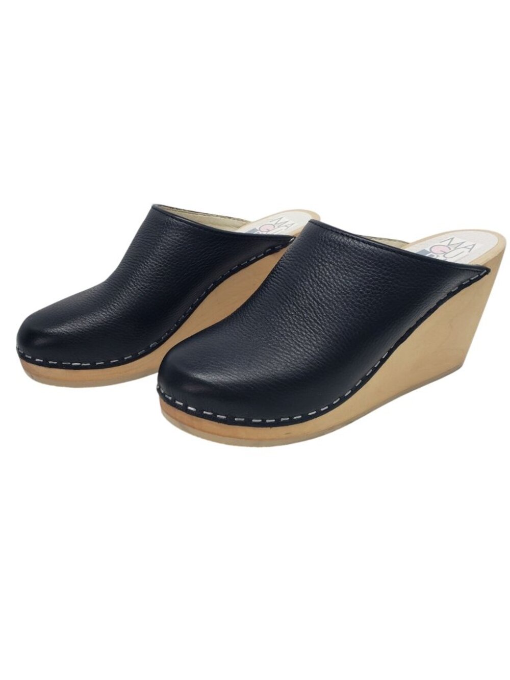 Maguba Swedish Black Leather Wood Wedge Clogs Womens 37 Slip On Fall Cute